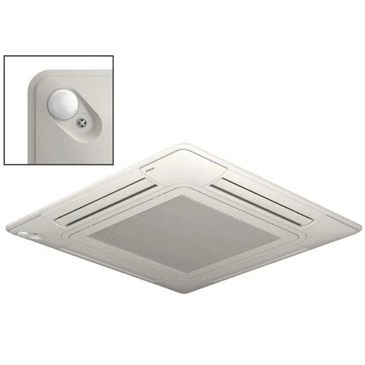 Ceiling-mounted air conditioning unit panel with a inset showing a motion sensor on a white background