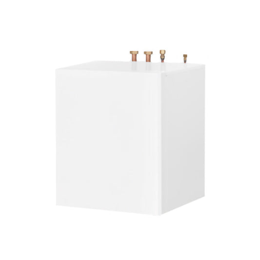 White hydro box cube with brass inlets on a white background