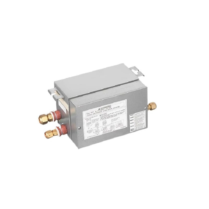 Metal box with brass connectors on each end set against a white background