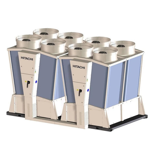 Two Blue and Silver Hitachi chiller unit with multiple fans on a white background