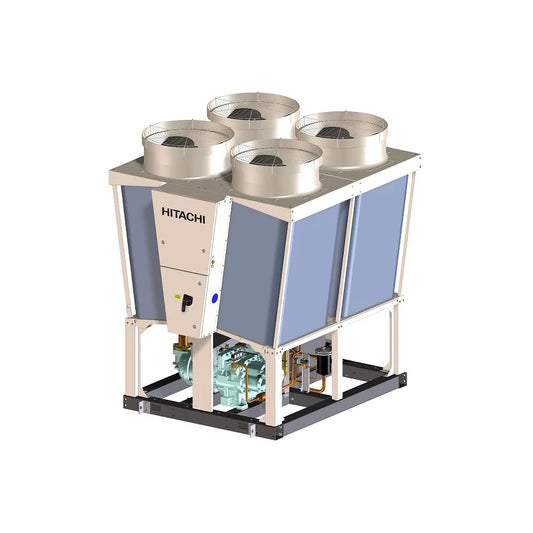 Blue and Silver Hitachi chiller unit on a white background