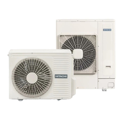 Two Hitachi air conditioning units on a white background