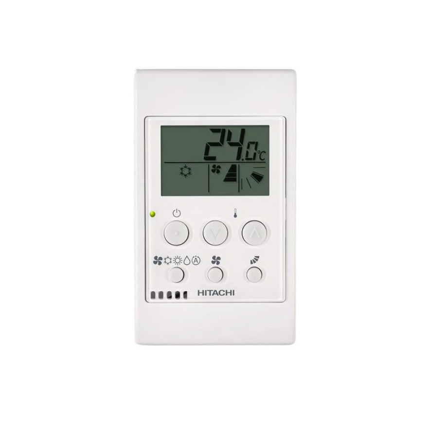 White Hitachi control panel with LCD display on a white background