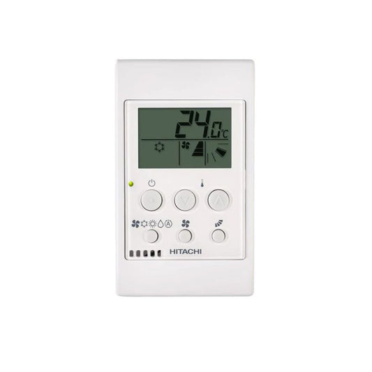 White Hitachi control panel with LCD display on a white background