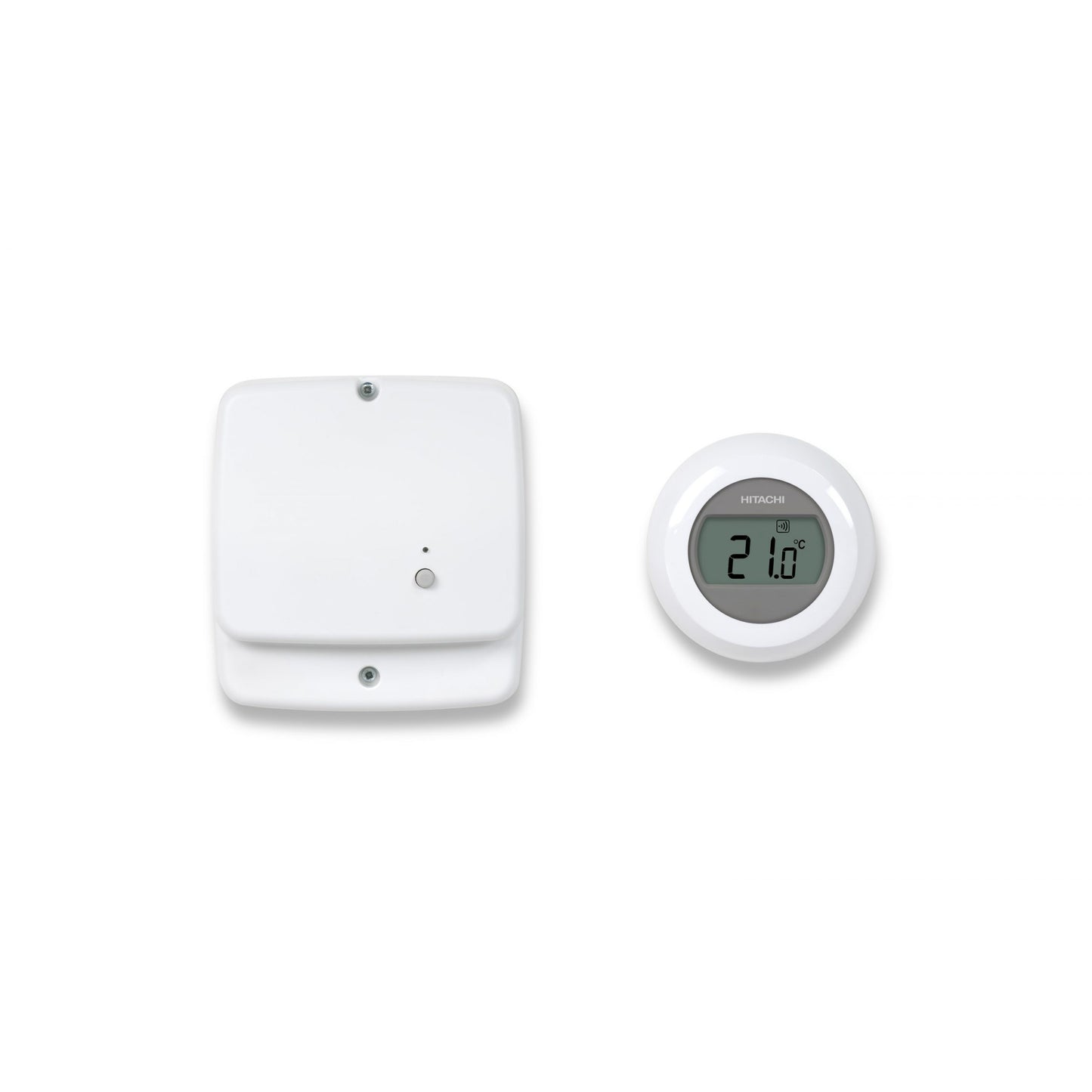 White thermostat and digital temperature display on a white background