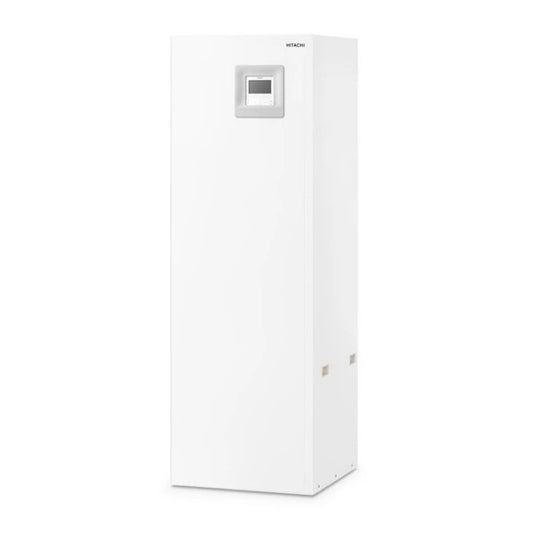 White Hitachi Indoor Heat Pump with digital display on a white background