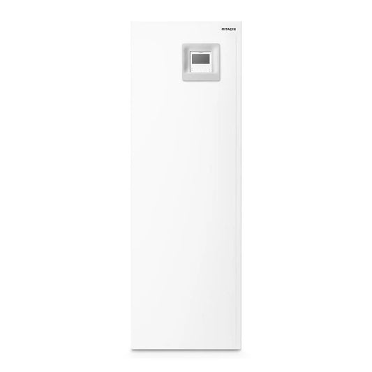 Tall white indoor heat pump with digital display on a white background