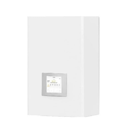 White indoor heat pump device with a screen on a white background
