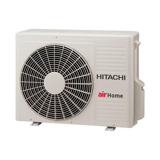 Beige Hitachi outdoor air conditioning unit on a white background