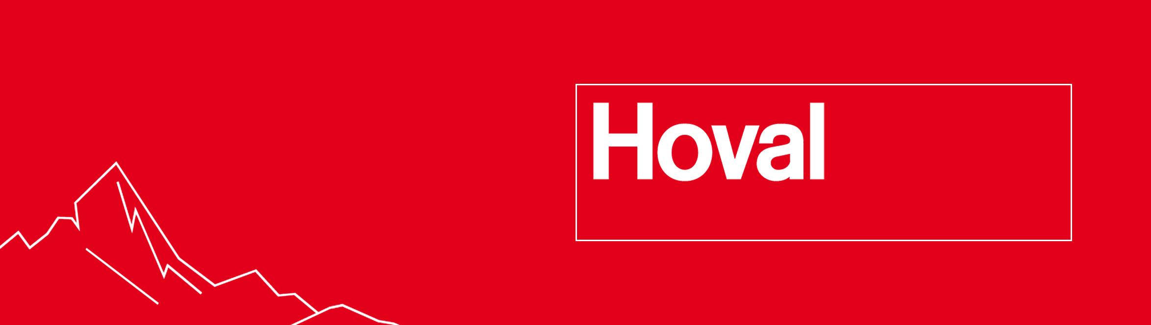 White text reading 'Hoval' placed off-centre inside a white rectangle with a simple white outline of a mountain in the bottom left corner on a red background