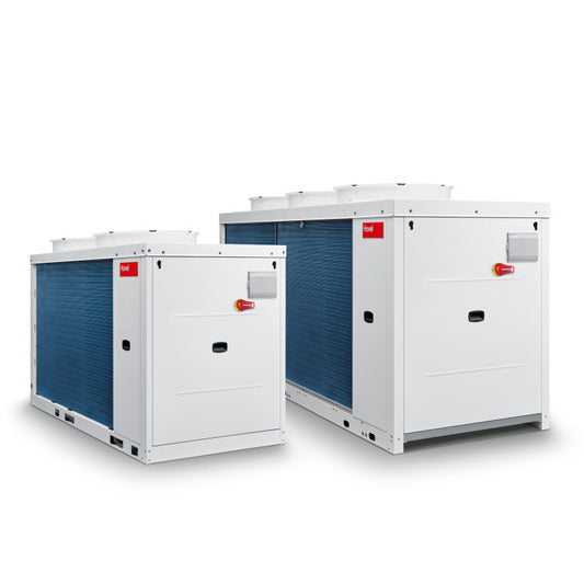 Two large white Hoval air conditioning units with blue panels on a white background