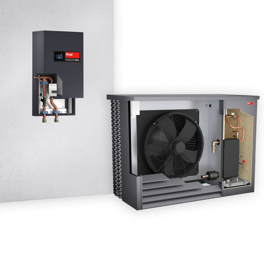 Two gray Hoval Heat Pump units with their internal components highlighted set on a white background