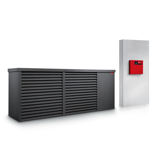 One Hoval grey outdoor heat pump unit and one red indoor control unit set on a white background