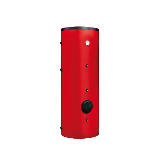 Red cylindrical tank with black accents on a white background