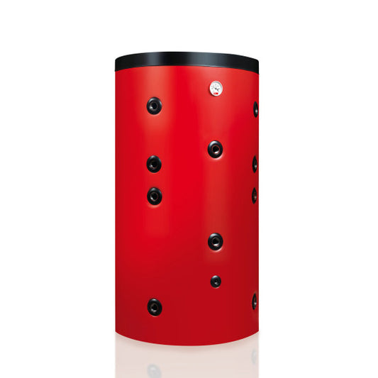 Red cylindrical buffer storage tank with black circular elements on a white background