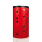Red cylindrical buffer storage tank with black circular elements on a white background