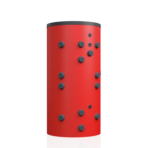 Red cylindrical buffer storage tank with black circular protrusions on a white background