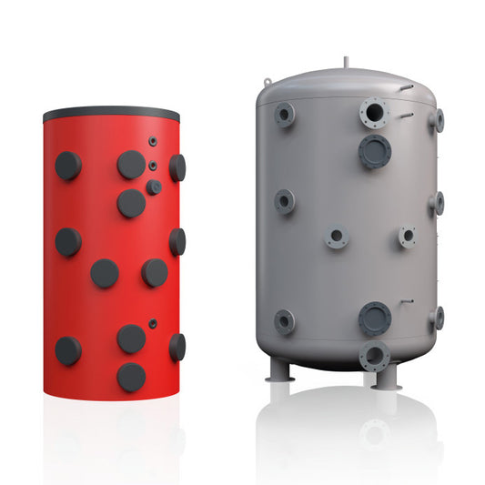 Red cylindrical tank with black circular components next to a gray cylindrical tank with various pipes and connectors on a white background.
