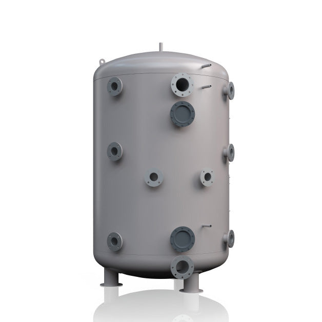 Gray buffer tank with multiple valves on a white background