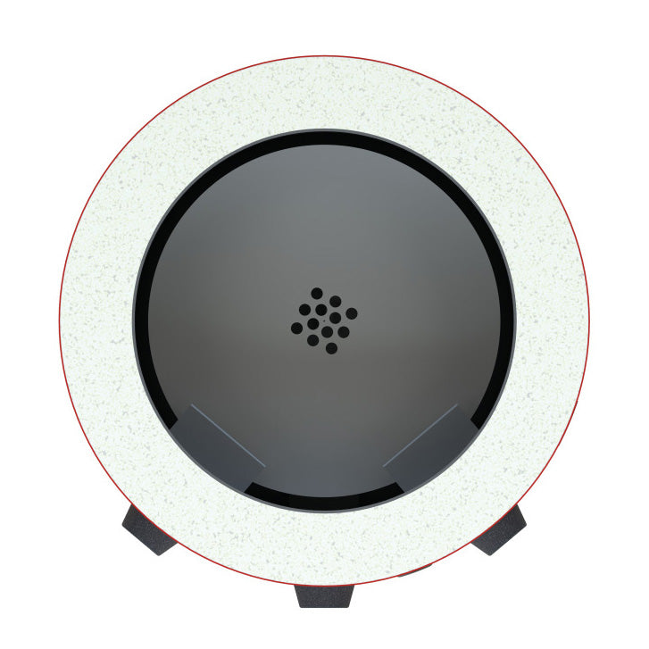 Round black object with a central pattern on a white background