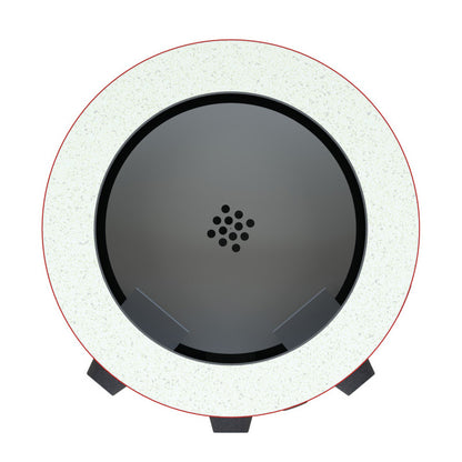 Round black object with a central pattern on a white background