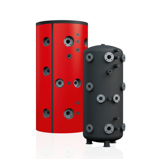Red and black cylindrical buffer tank vessels with multiple ports on a white background