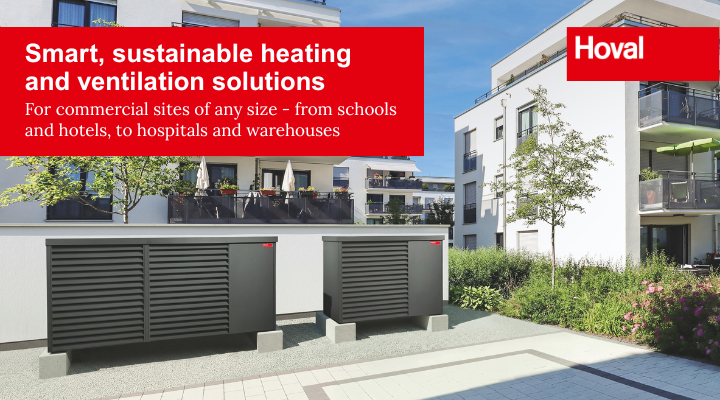 A banner featuring Hoval heat pumps in an outdoor residential area with white text on red backgrounds as overlays