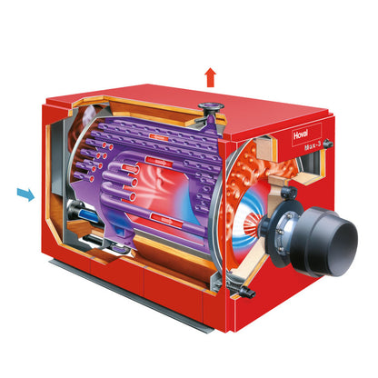 Diagram of a red Hoval Max-3 boiler on a white background