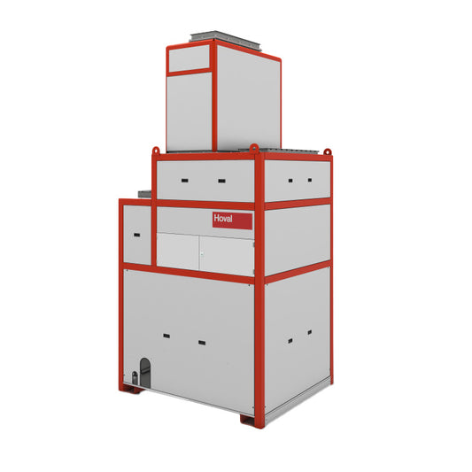 Red and white industrial machine with 'Hoval' branding on a white background