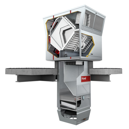 Commercial extraction and ventilation roof system with internals shown on a white background