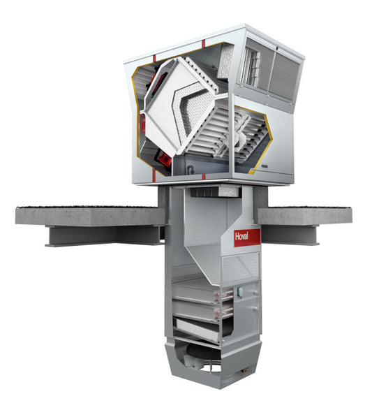 Commercial extraction and ventilation roof system with internals shown on a white background