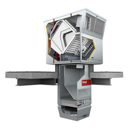 Commercial extraction and ventilation roof system with internals shown on a white background