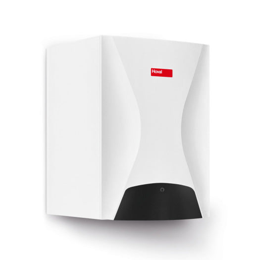 White Hoval compact boiler unit with black accents on a white background