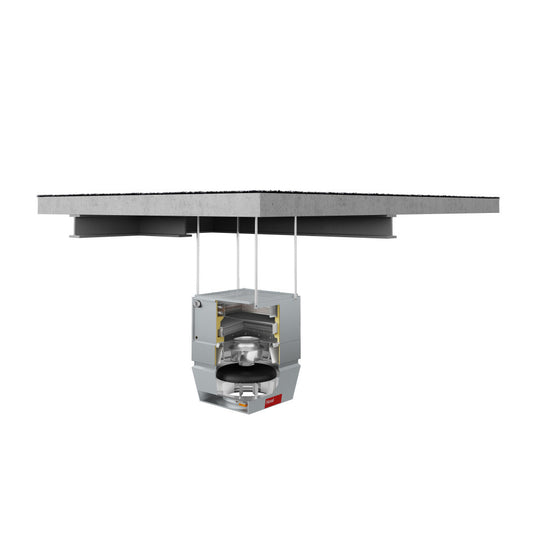 Commercial exhaust system with internals shown on a white background