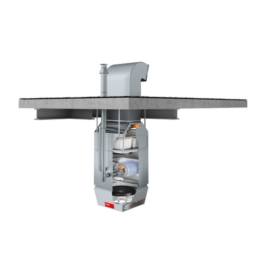 Hoval commercial ventilation unit with a view of internal components on a white background
