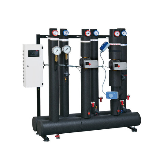 Industrial water distribution system with multiple cylindrical tanks and control panels on a white background