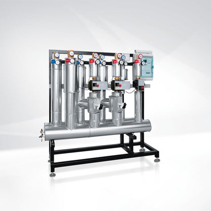 Industrial piping system with valves and gauges on a white background