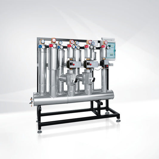 Industrial piping system with valves and gauges on a white background