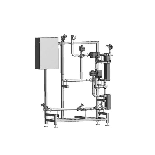 Mechanical system with pipes and valves on a white background