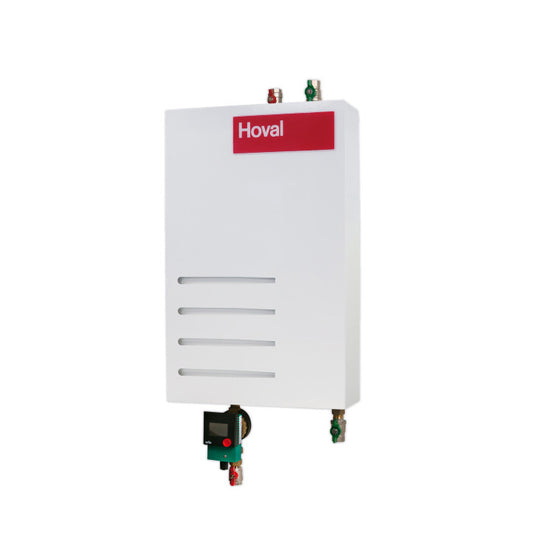 White Hoval water heater with a red logo on a white background