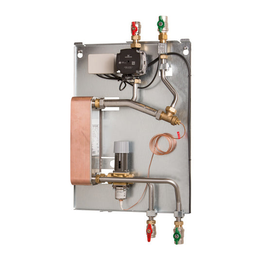 Hot water system with copper and brass components on a white background