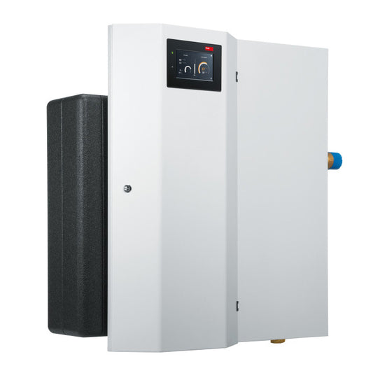 White Hoval Hot Water System Panel with digital display and black tank on a white background