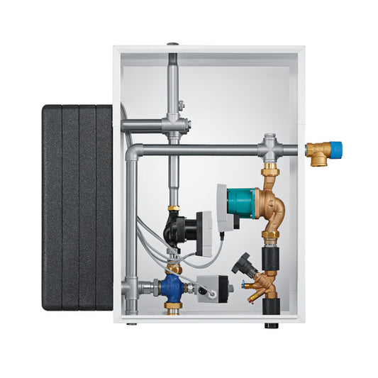 Hoval water system internals with pipes and valves on a white background