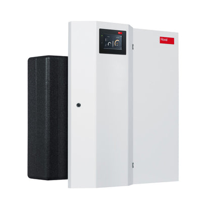 White Hoval water heating device with a screen and black component on a white background