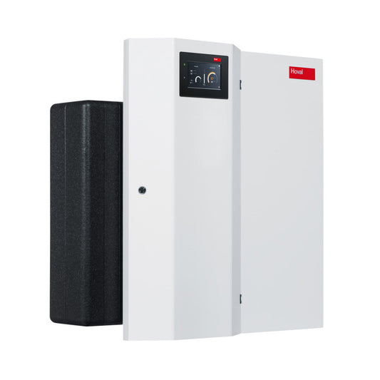 White Hoval water heating device with a screen and black component on a white background