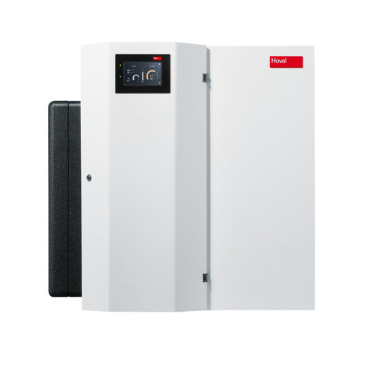 White Hoval water heating device with a screen and black component viewed from the front on a white background