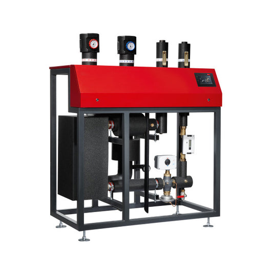 Red and black Hoval TransTherm system consisting of a red front panel with digital display and black piping in a metal frame