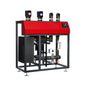 Red and black Hoval TransTherm system consisting of a red front panel with digital display and black piping in a metal frame