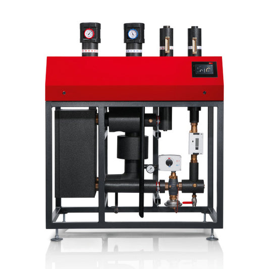 Front view of a red and black Hoval TransTherm system consisting of a red front panel with digital display and black piping in a metal frame