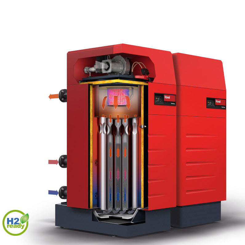 Red Hoval UltraGas 2 double boiler unit on a white background with internal components highlighted
